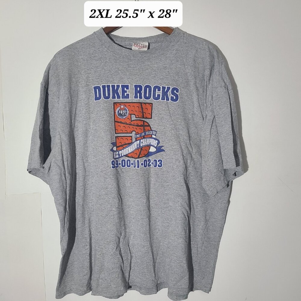 Vtg 2003 Duke Blue Devils "Duke Rocks" ACC Champs 5 in a Row Gray 2XL T-Shirt